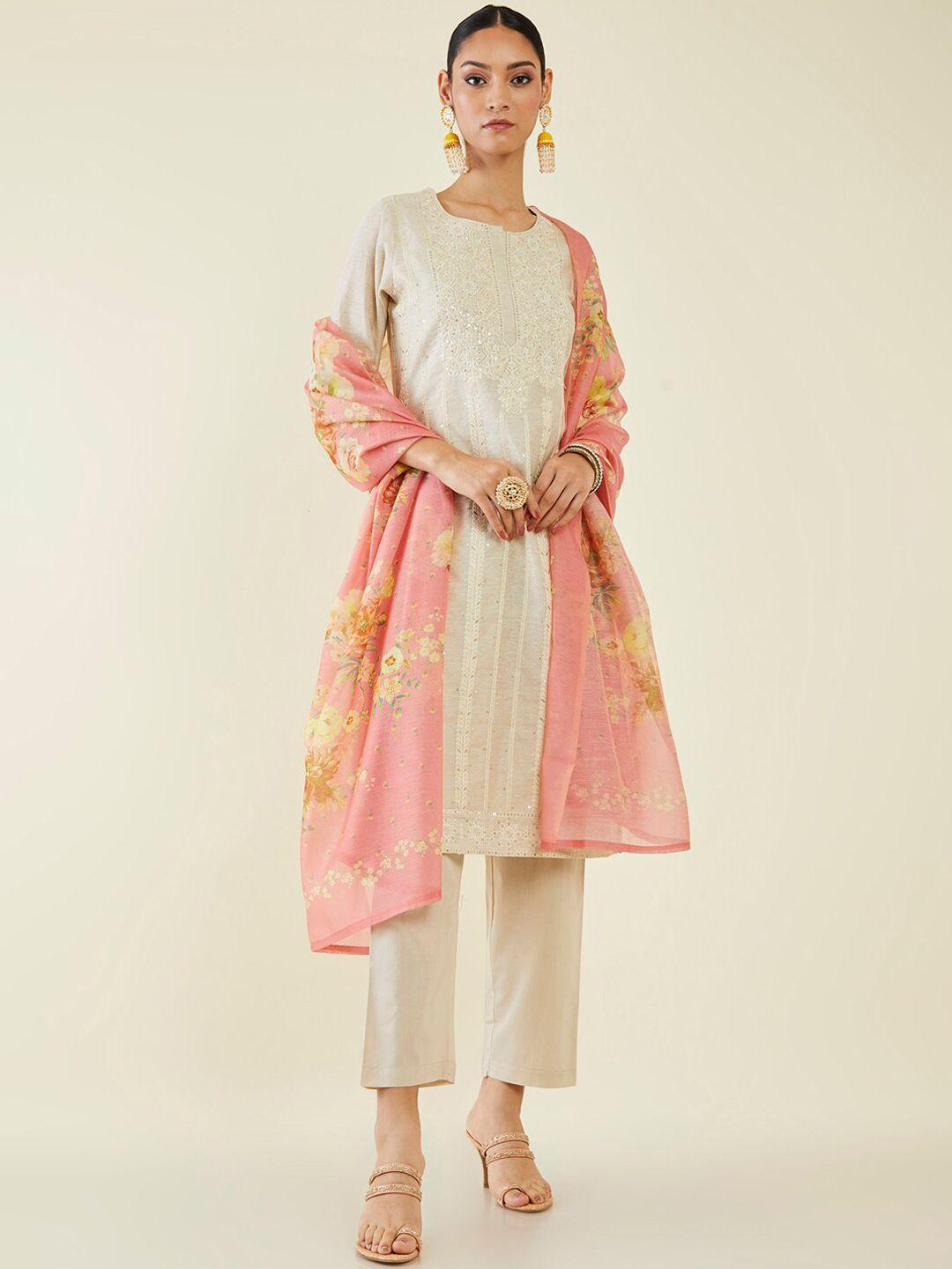 soch floral embroidered chikankari chanderi cotton kurta with trousers & with dupatta
