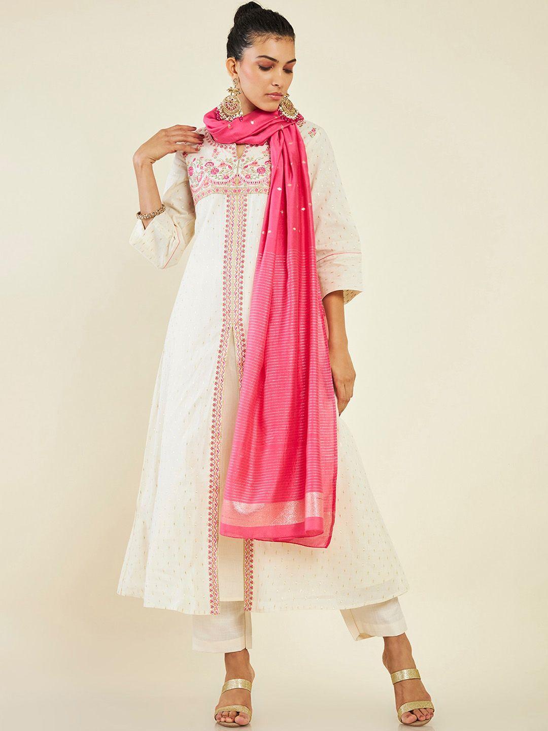 soch floral embroidered front slit a-line pure cotton kurta with trousers & dupatta