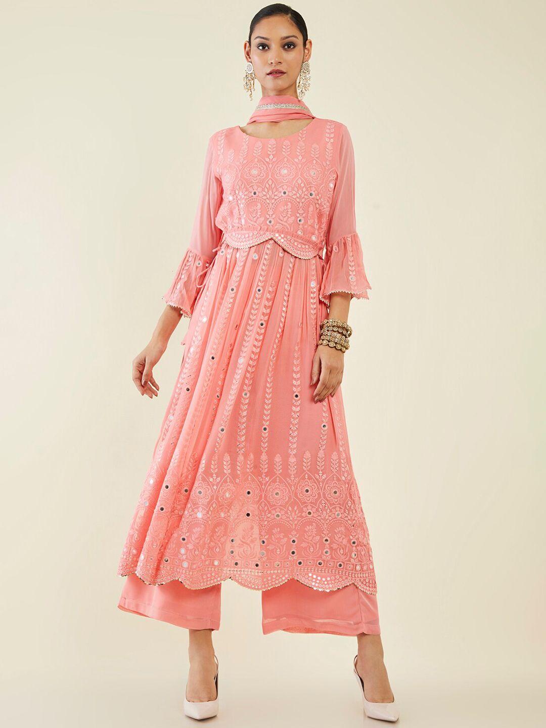 soch floral embroidered mirror work kurta with palazzos & dupatta