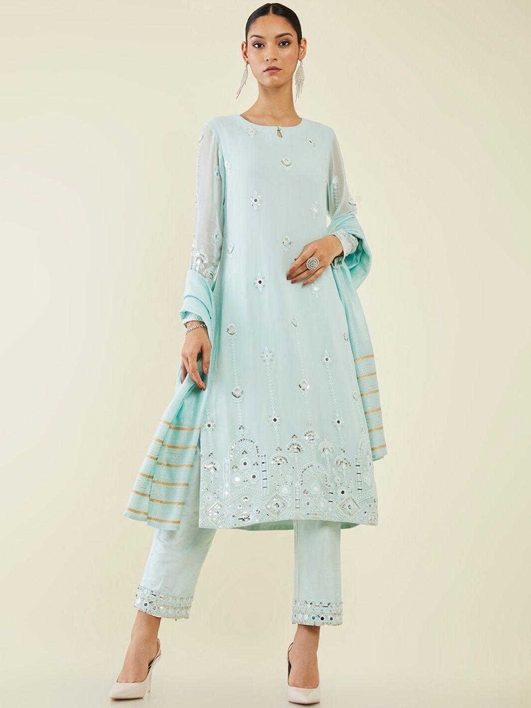 soch floral embroidered mirror work kurta with trousers & with dupatta