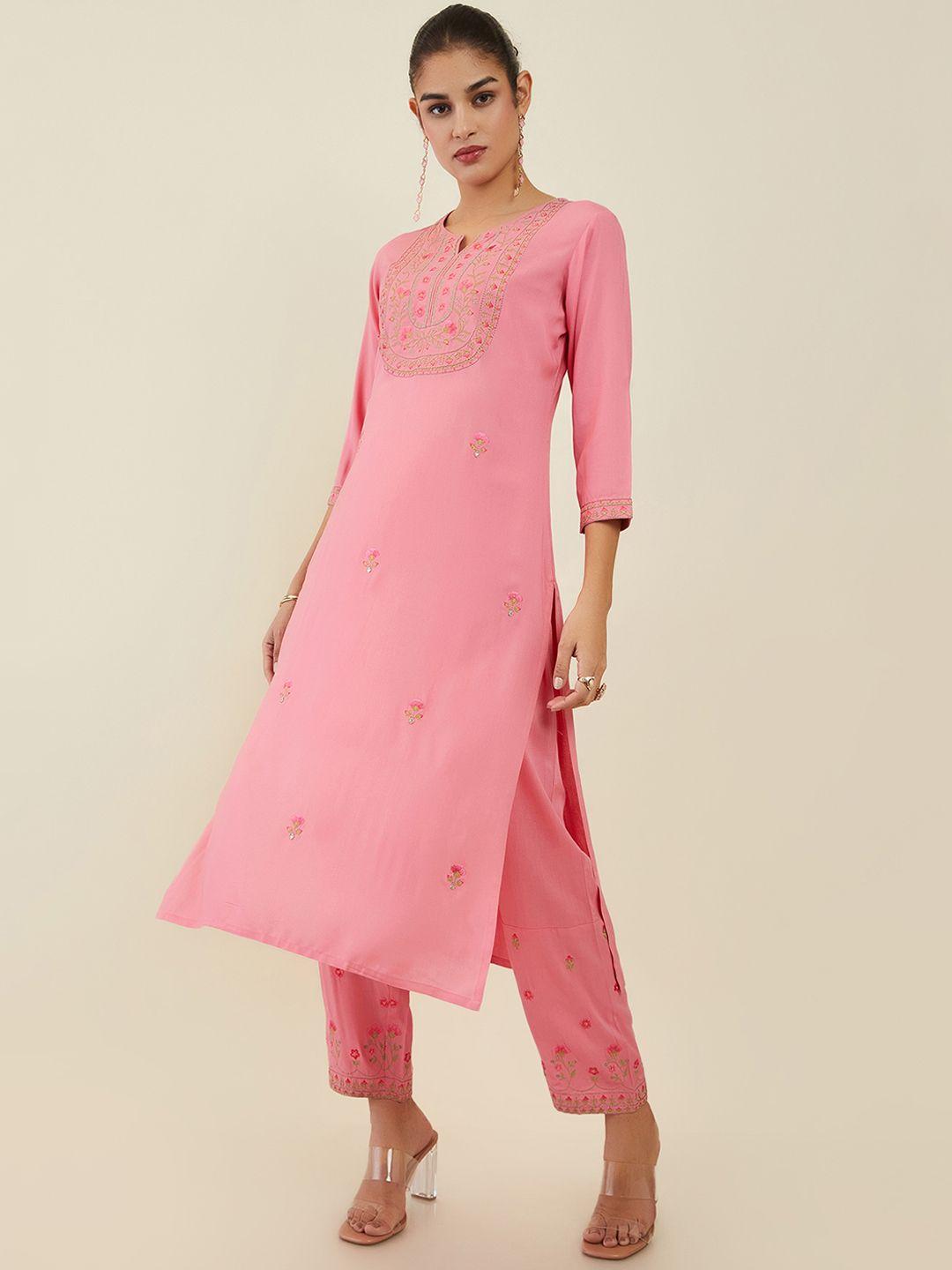 soch floral embroidered notched neck straight kurta with trousers