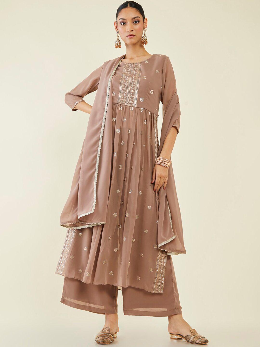 soch floral embroidered pleated kurta with palazzos & dupatta