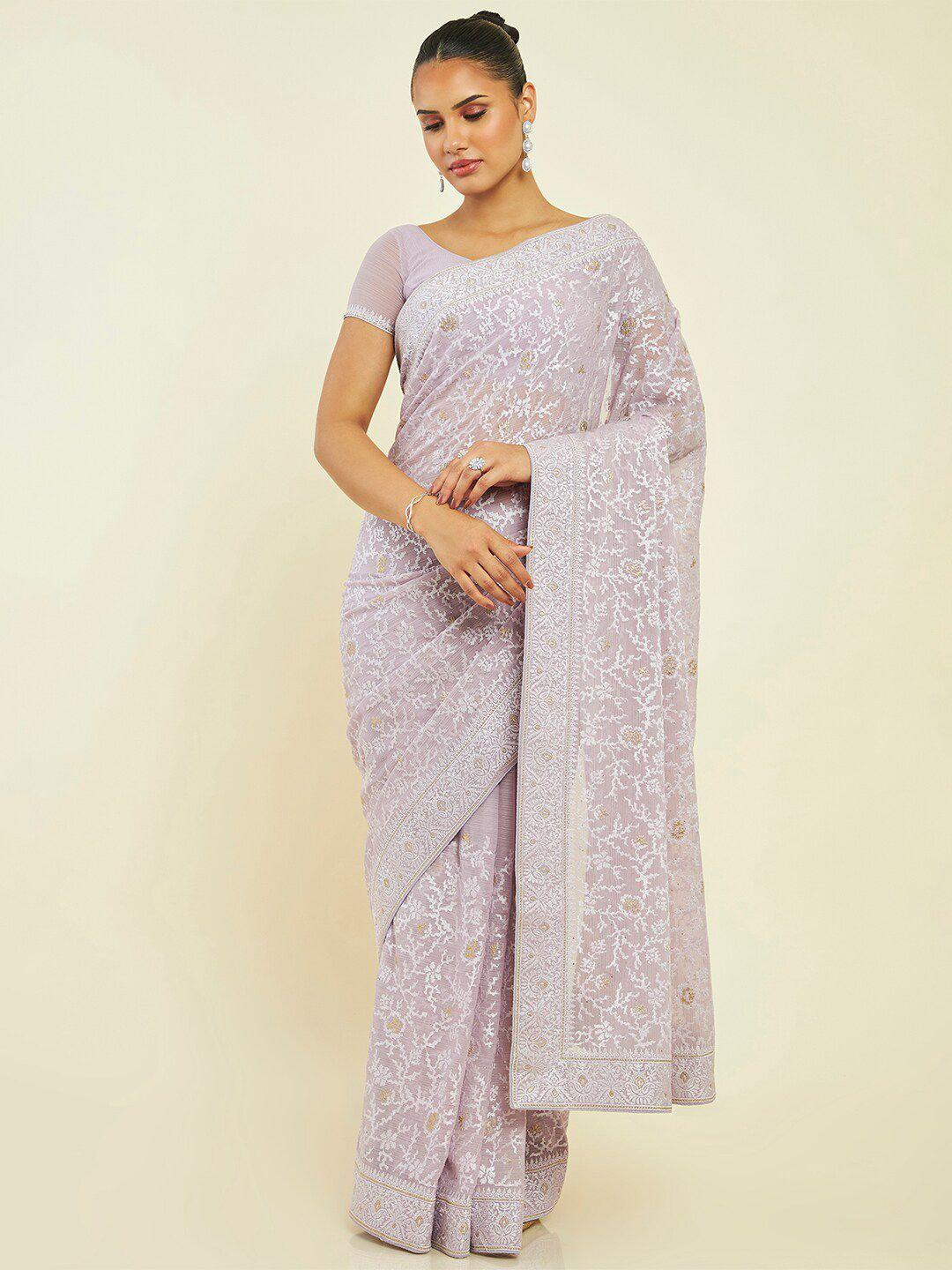 soch floral embroidered pure chiffon saree