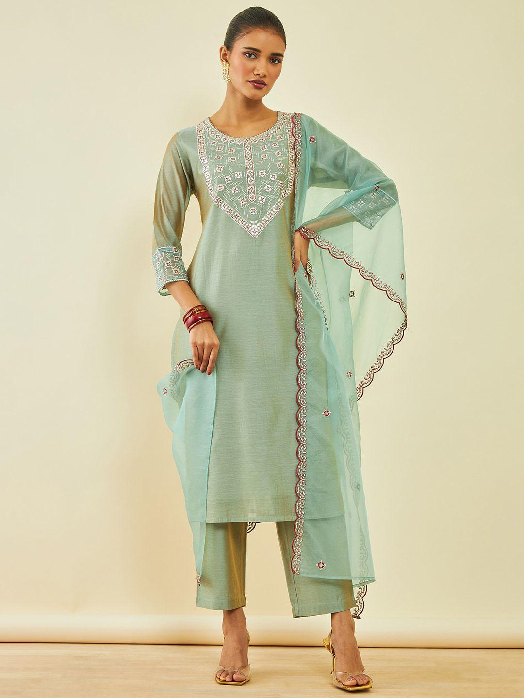 soch floral embroidered regular kurta with trousers & dupatta