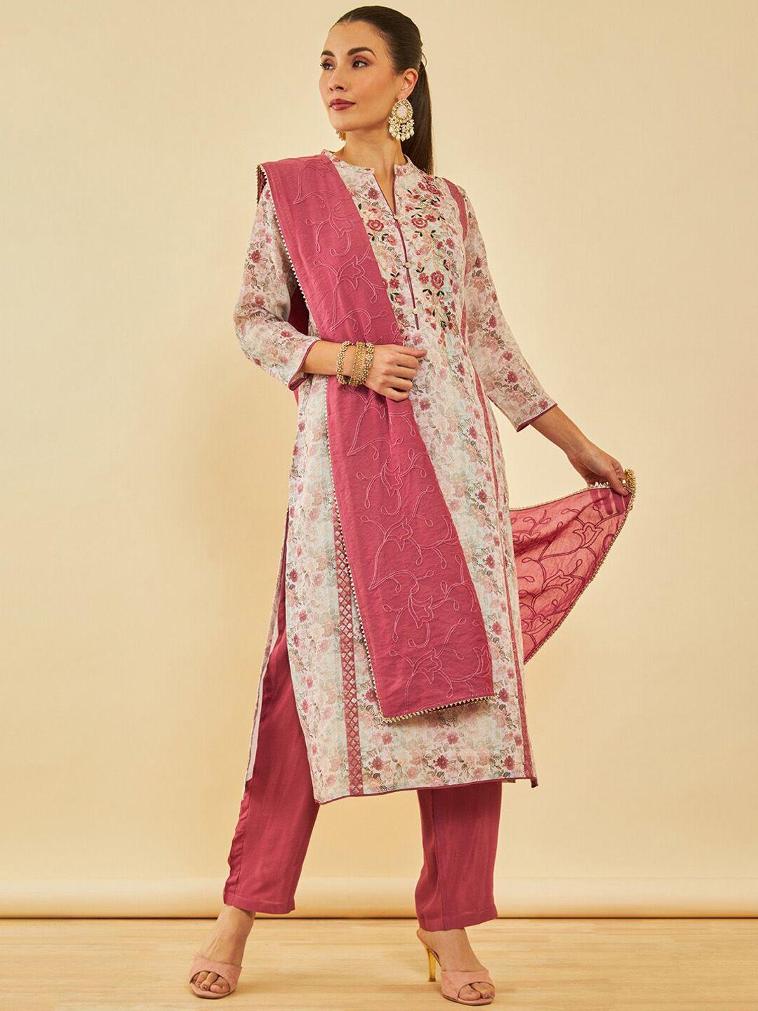 soch floral embroidered regular mirror work kurta with trousers & dupatta