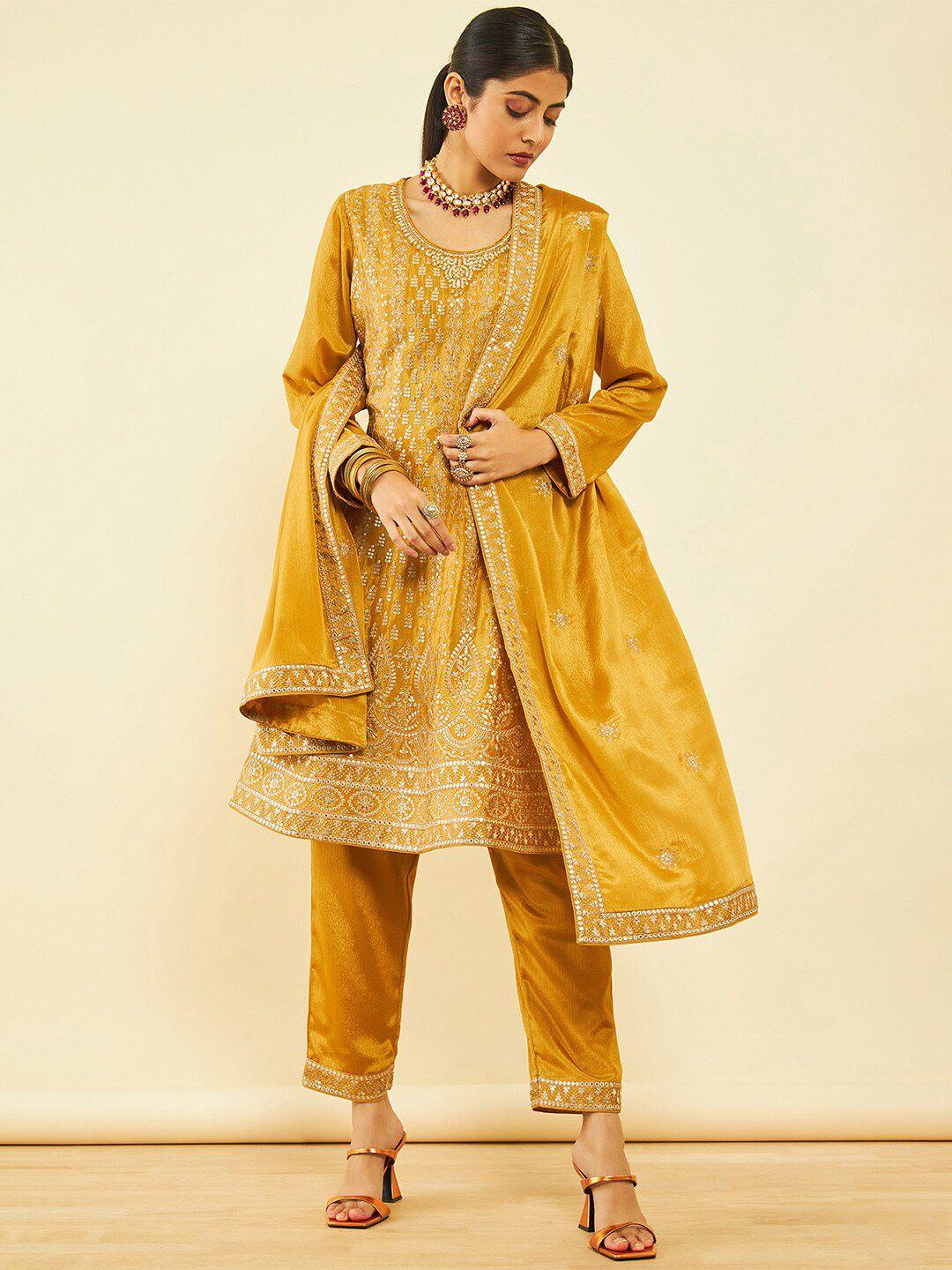 soch floral embroidered regular sequinned kurta with trousers & dupatta