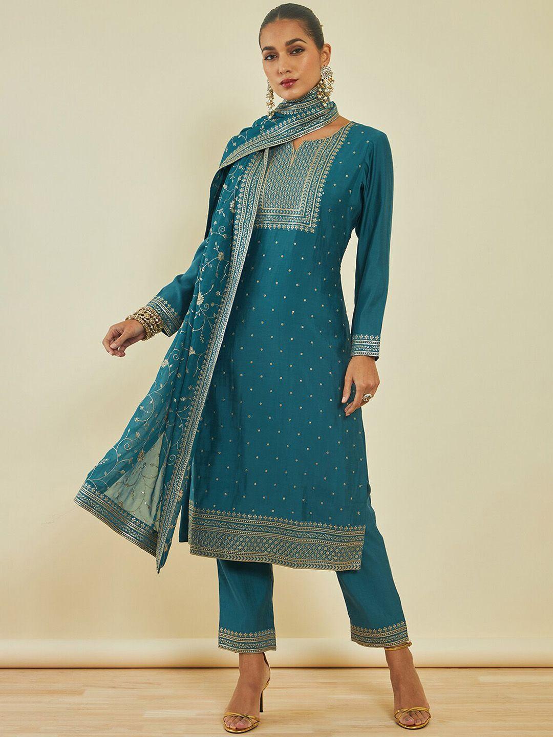 soch floral embroidered regular sequinned kurta with trousers & with dupatta