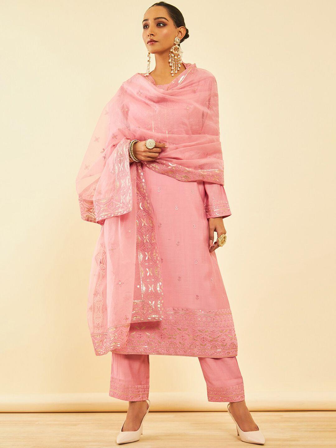 soch floral embroidered regular thread work chanderi silk kurta with trousers & dupatta