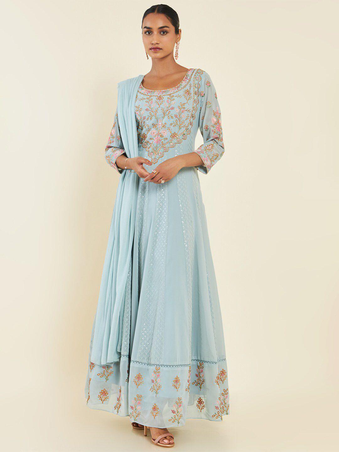 soch floral embroidered sequined anarkali kurta with churidar & dupatta