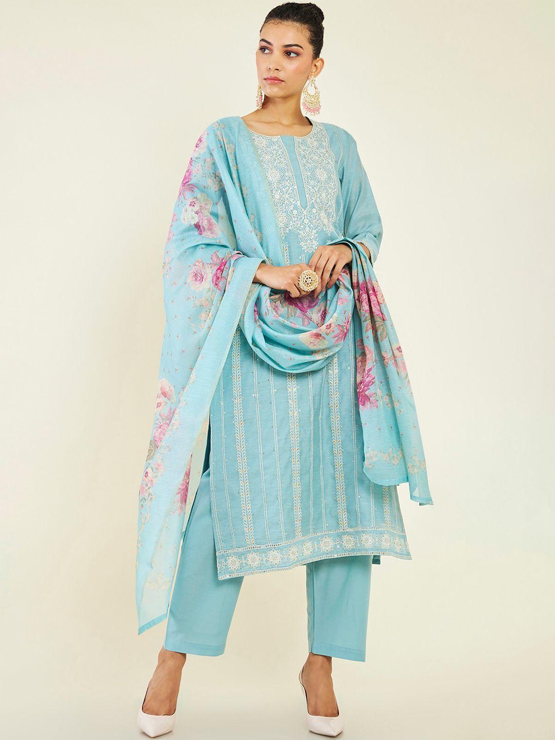 soch floral embroidered sequined chanderi cotton kurta with trousers & dupatta