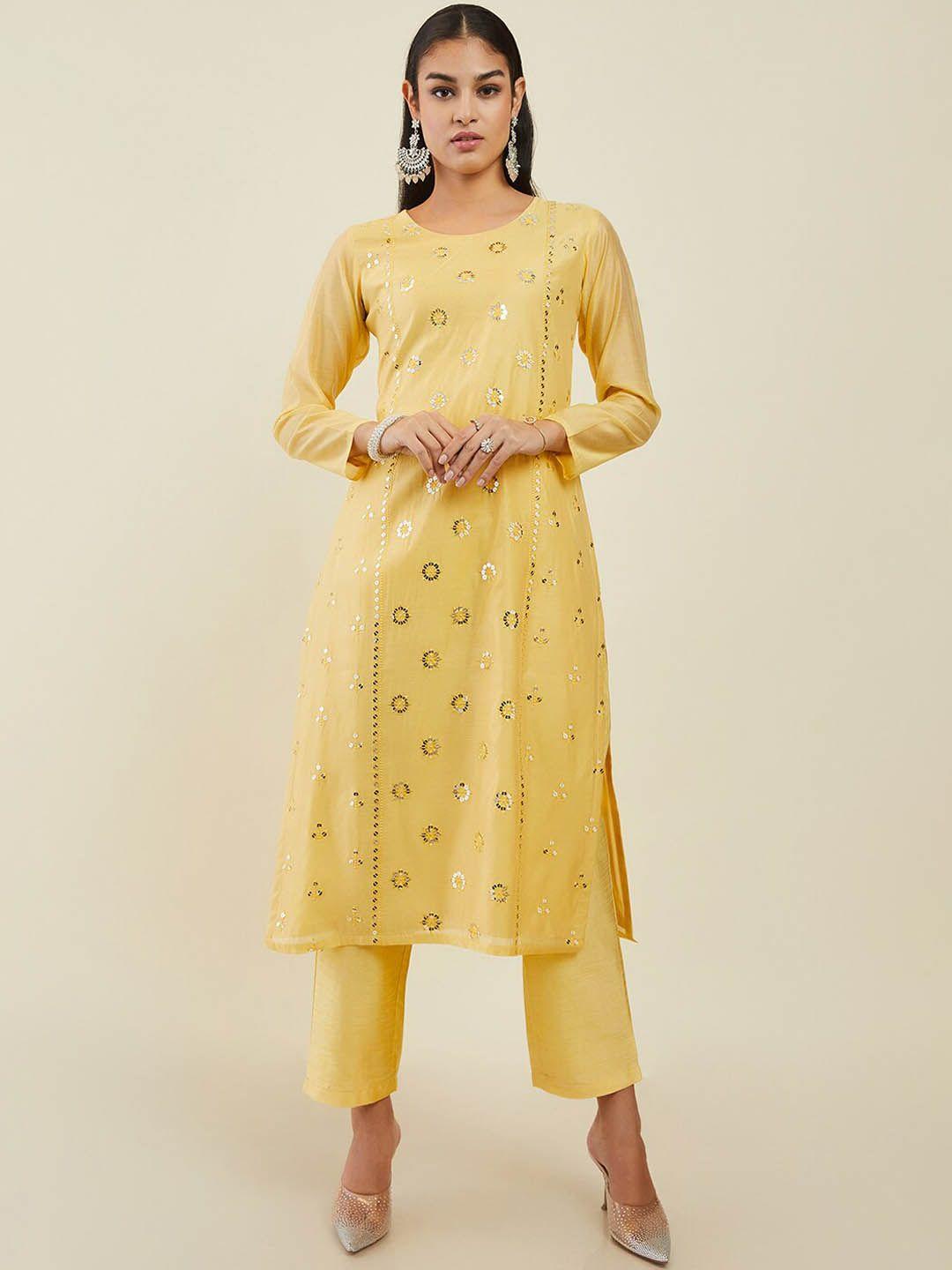 soch floral embroidered sequined chanderi silk straight panelled kurta with trousers