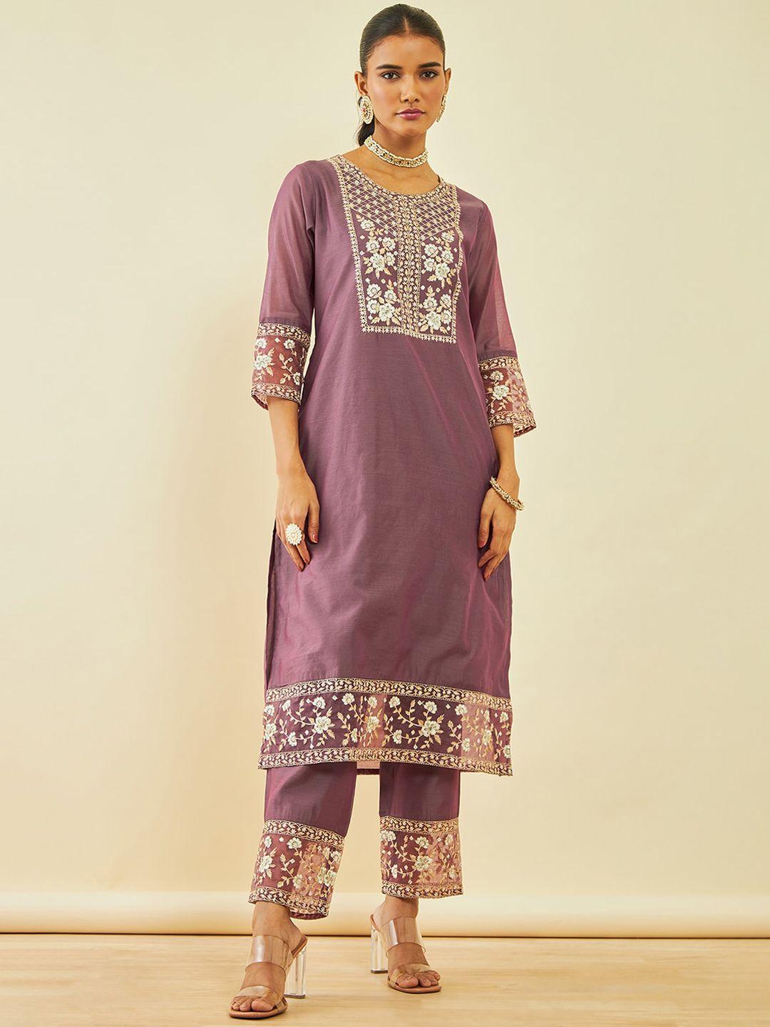 soch floral embroidered sequinned chanderi silk straight kurta with trousers & dupatta