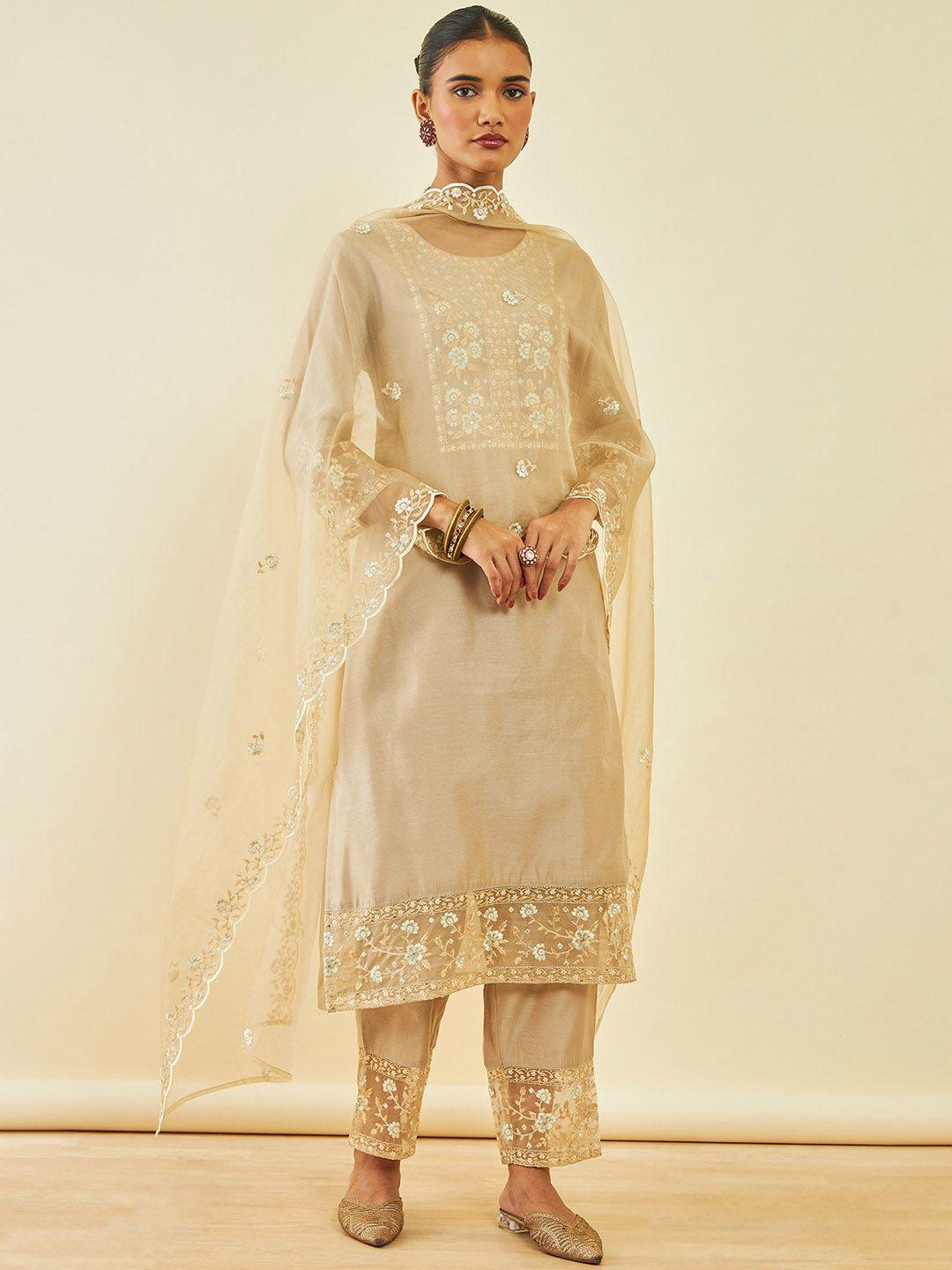 soch floral embroidered sequinned chanderi silk straight kurta with trousers & dupatta