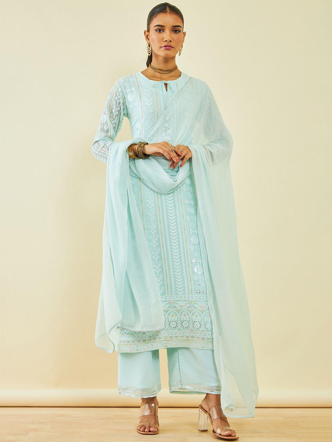 soch floral embroidered sequinned georgette straight kurta with trousers & dupatta