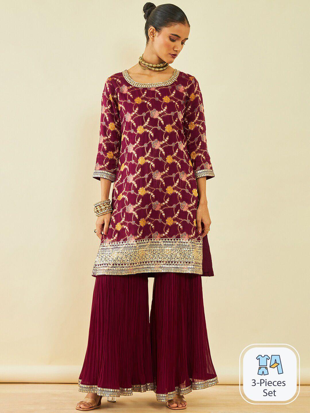 soch floral embroidered sequinned kurta with sharara & dupatta