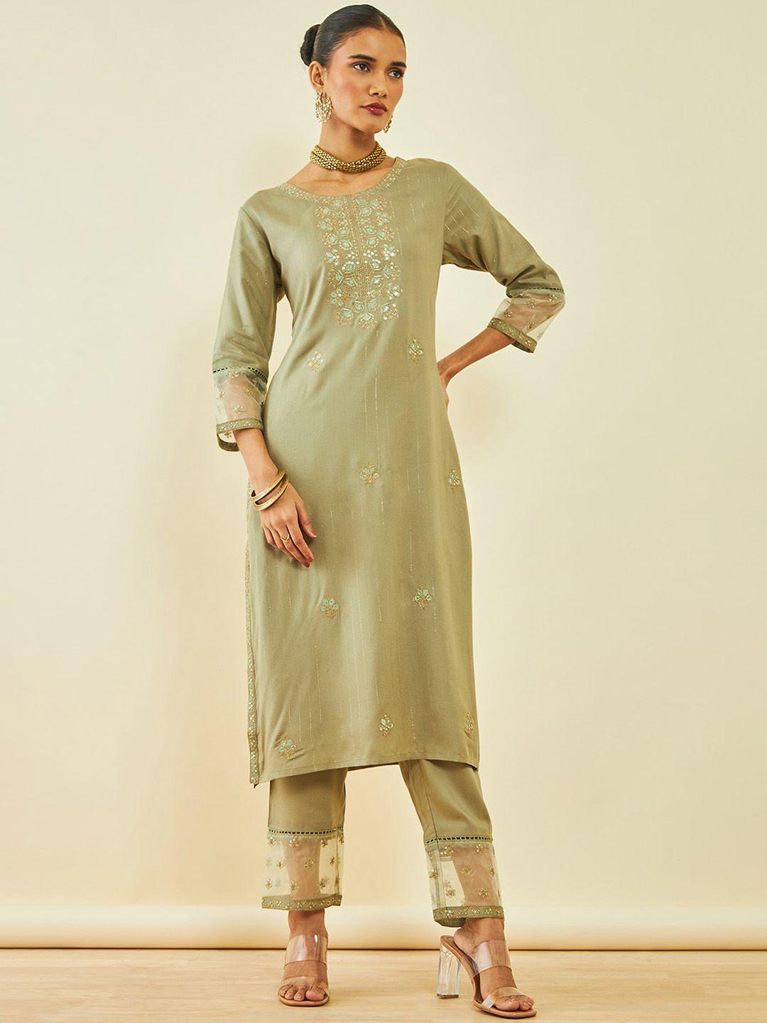 soch floral embroidered sequinned straight kurta with trousers