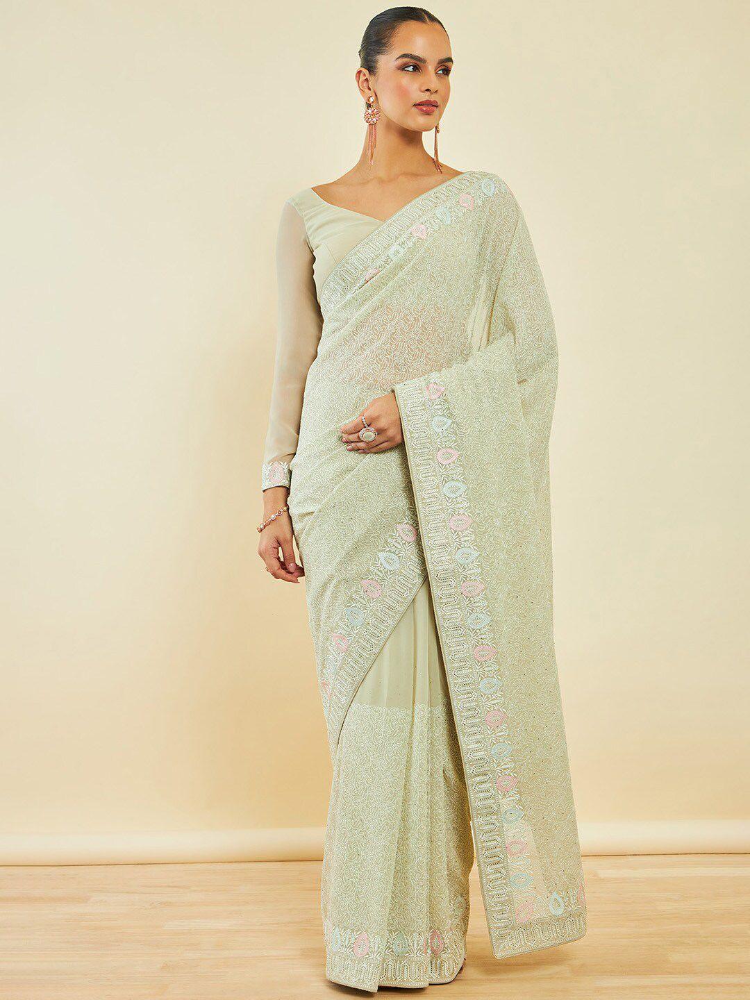 soch floral embroidered stones work saree