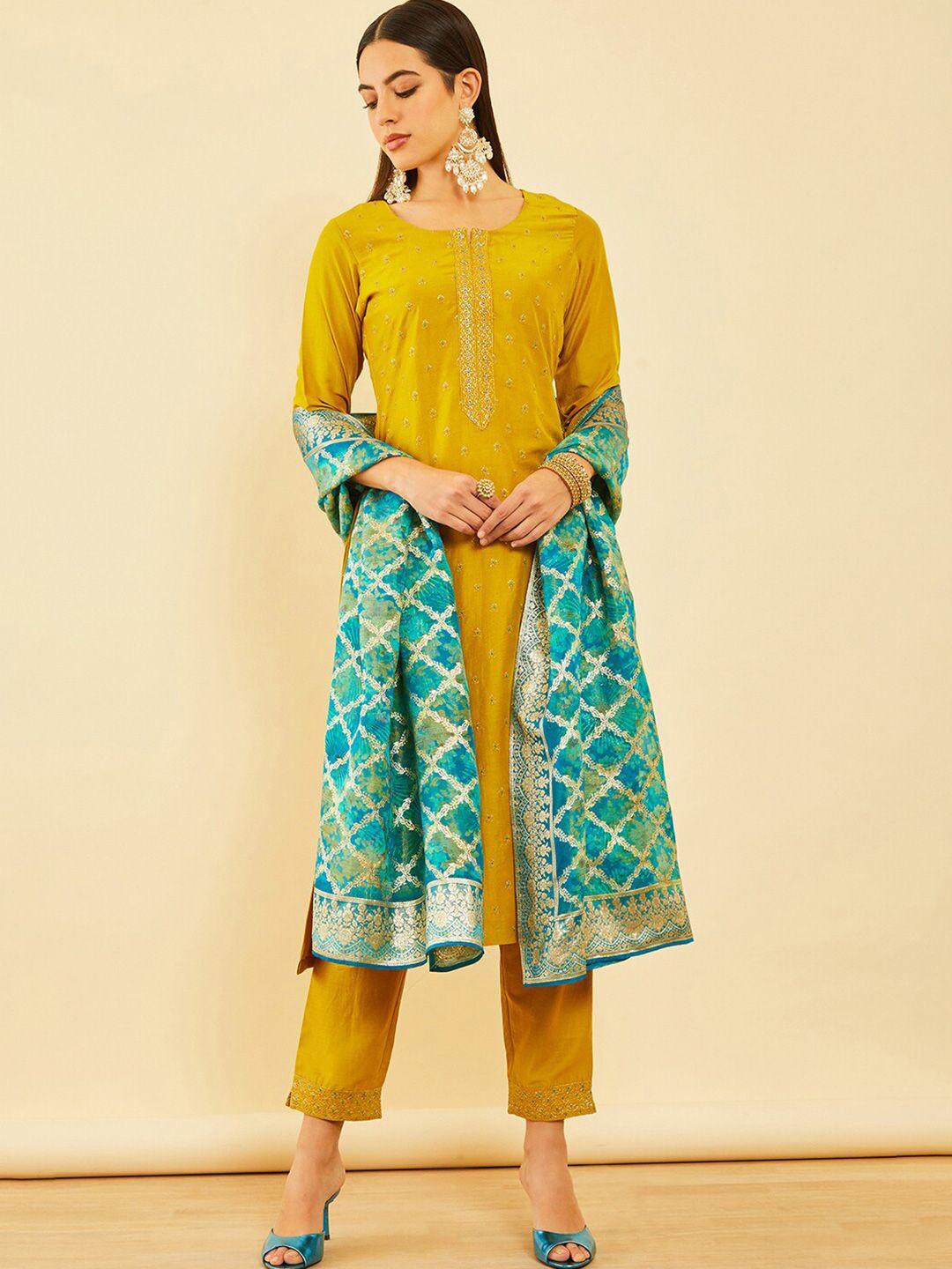 soch floral embroidered straight kurta with trouser & dupatta