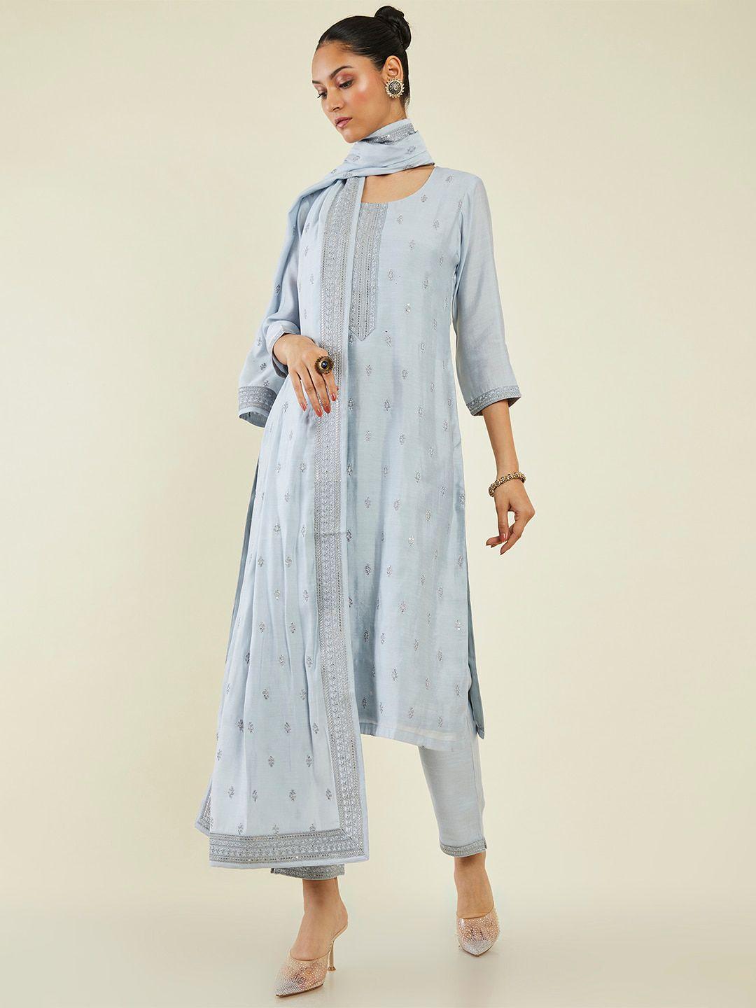 soch floral embroidered straight kurta with trousers & dupatta