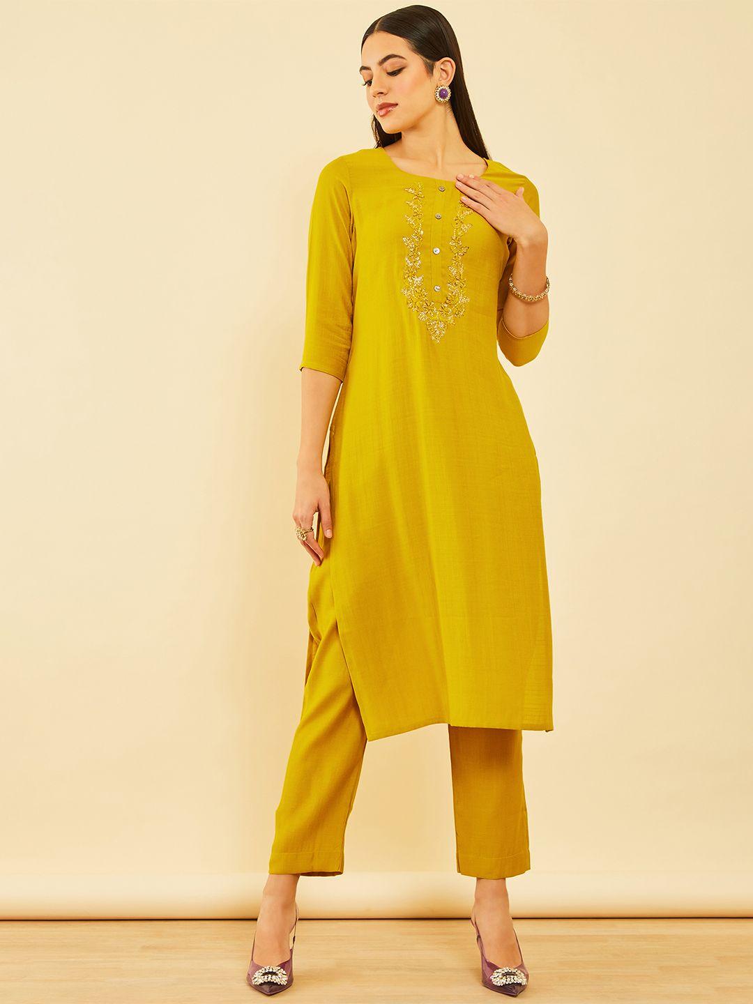 soch floral embroidered straight kurta with trousers