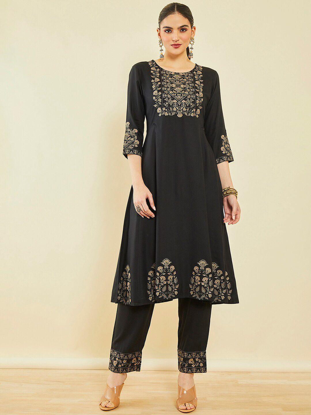 soch floral embroidered thread work a-line kurta with trousers