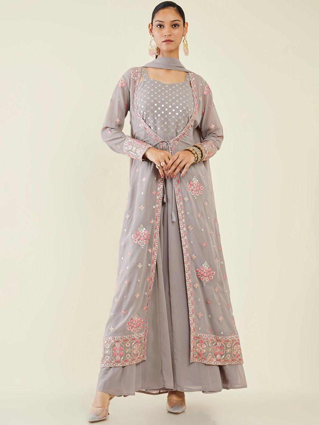 soch floral embroidered thread work anarkali kurta with churidar & with dupatta & jacket