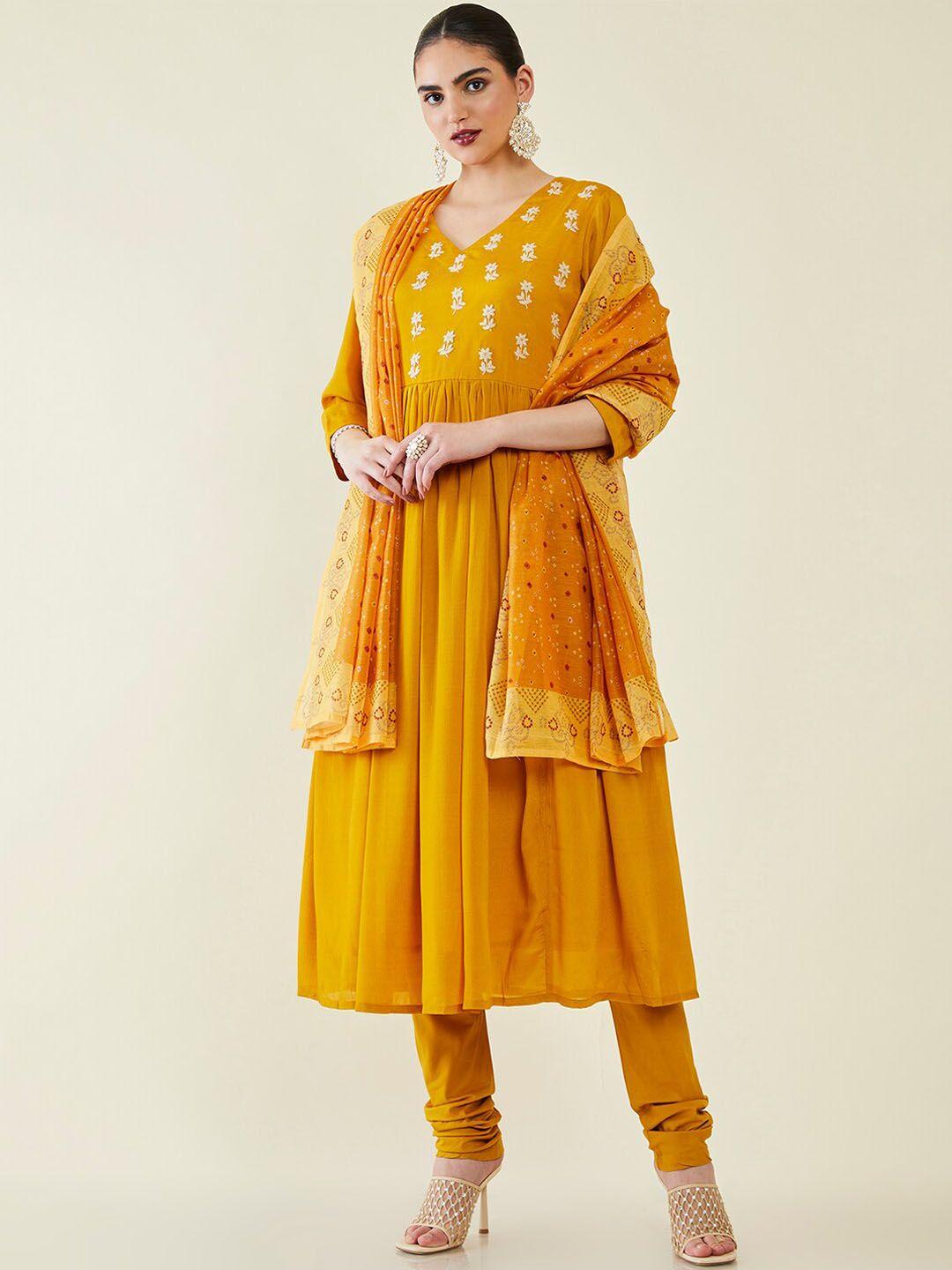 soch floral embroidered thread work kurta with churidar & dupatta