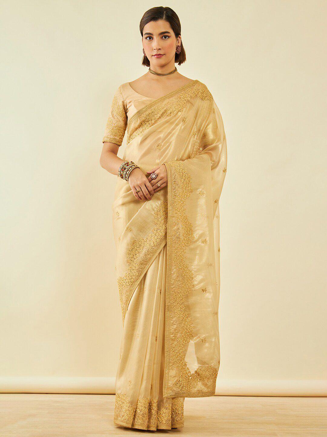 soch floral embroidered tissue saree