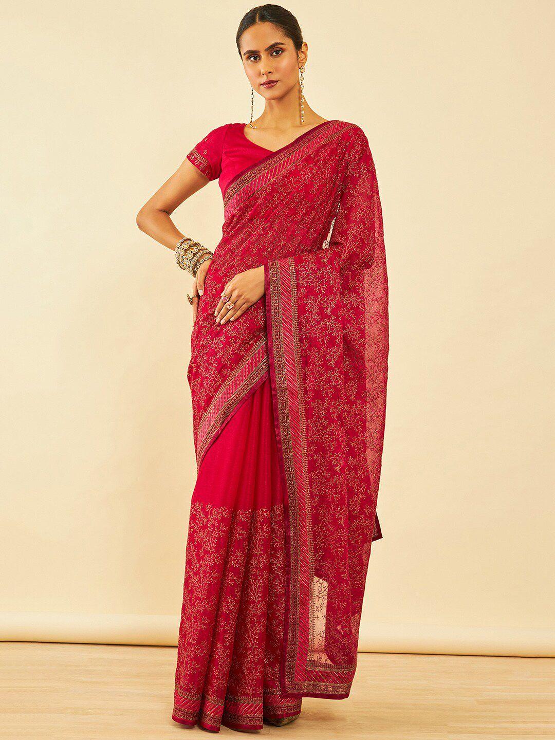 soch floral embroidered zari pure chiffon saree