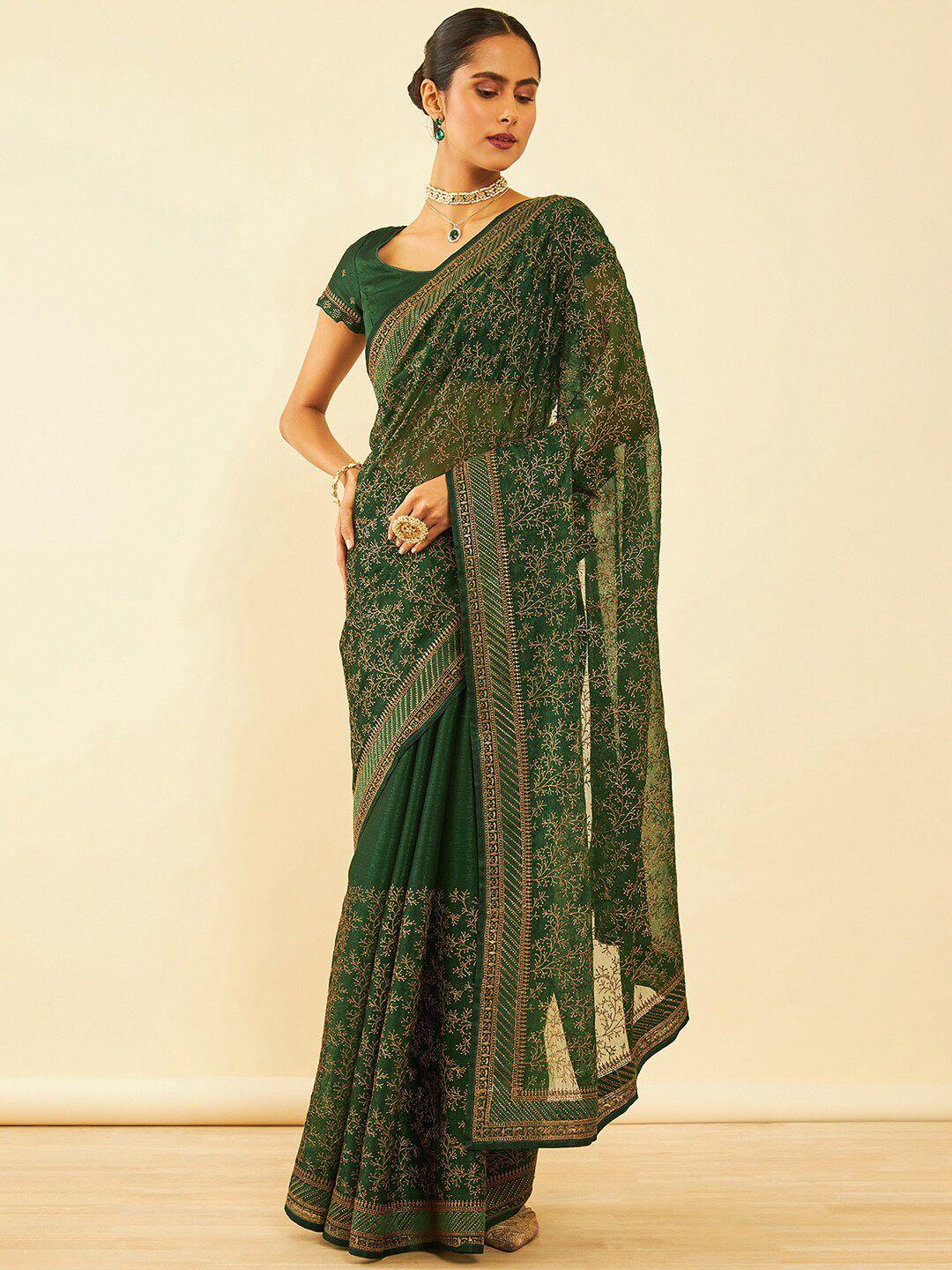 soch floral embroidered zari pure chiffon saree