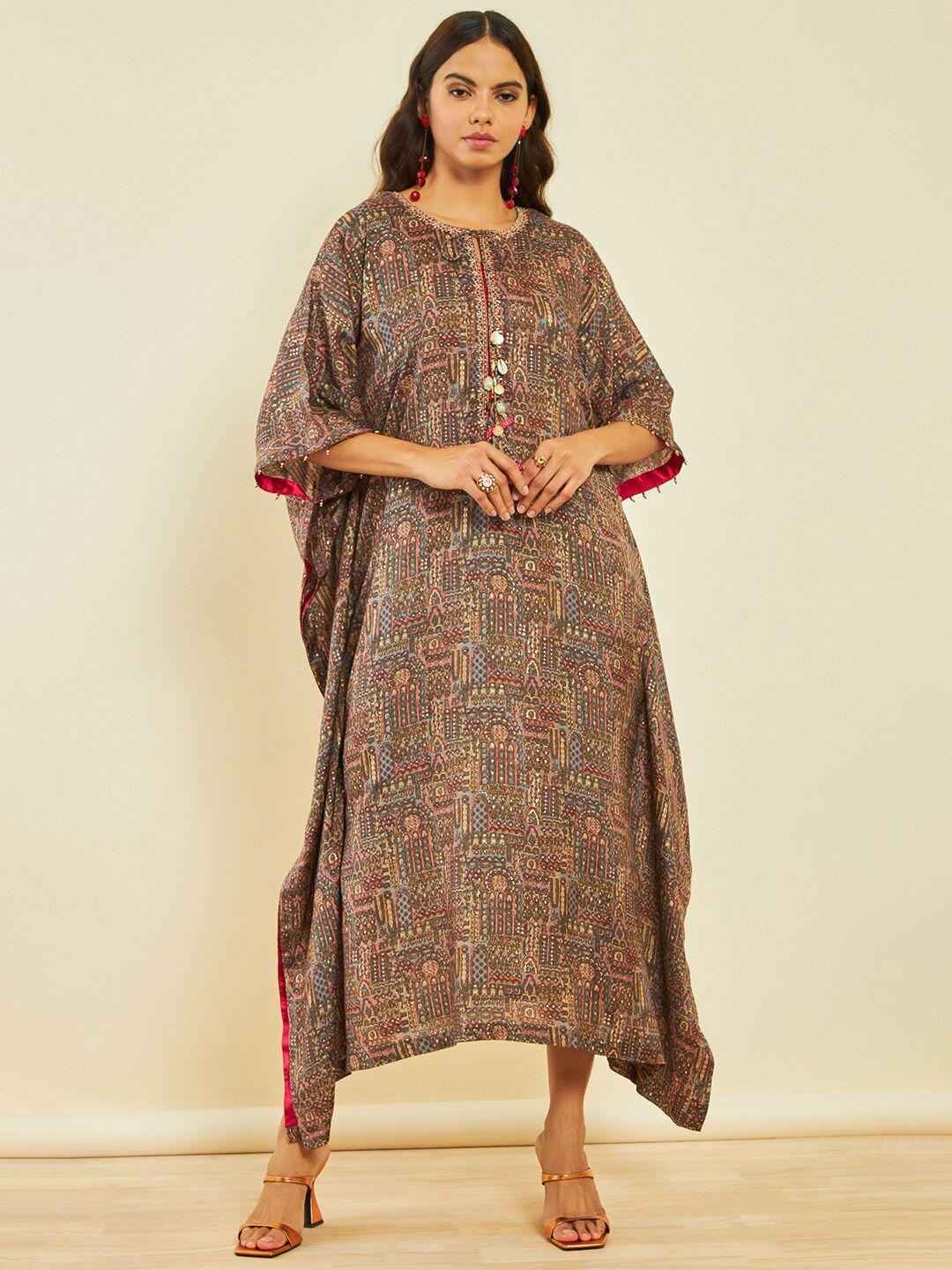 soch floral print tie-up neck kaftan maxi ethnic dress