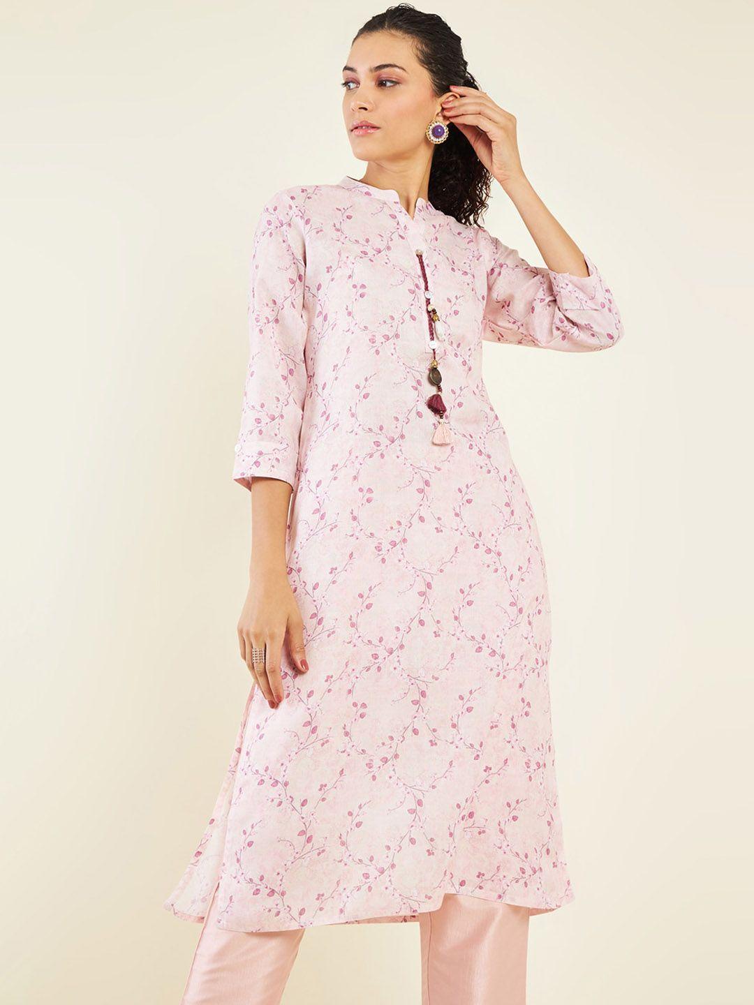 soch floral printed band collar linen straight kurta