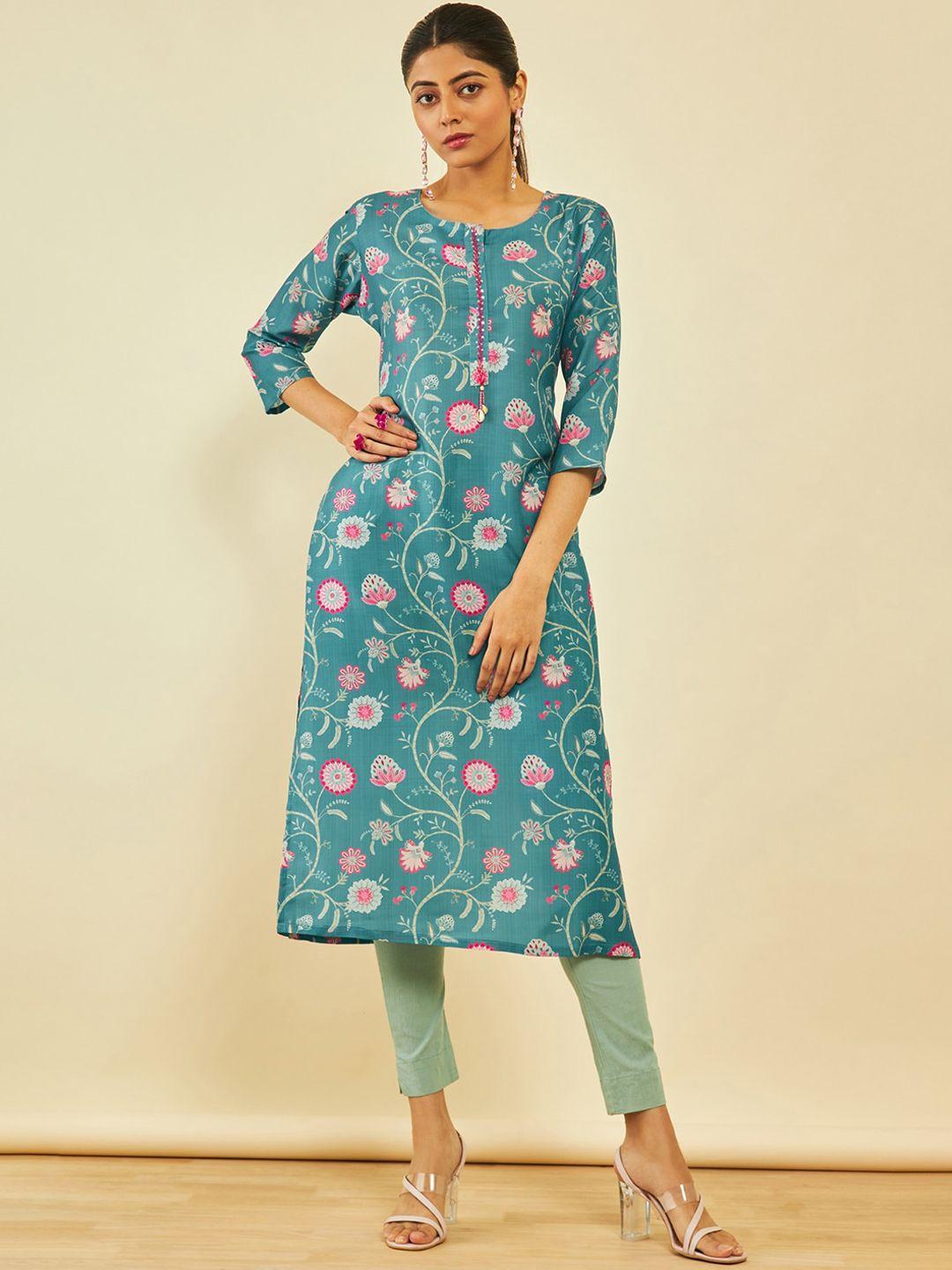 soch floral printed beads and stones straight kurta