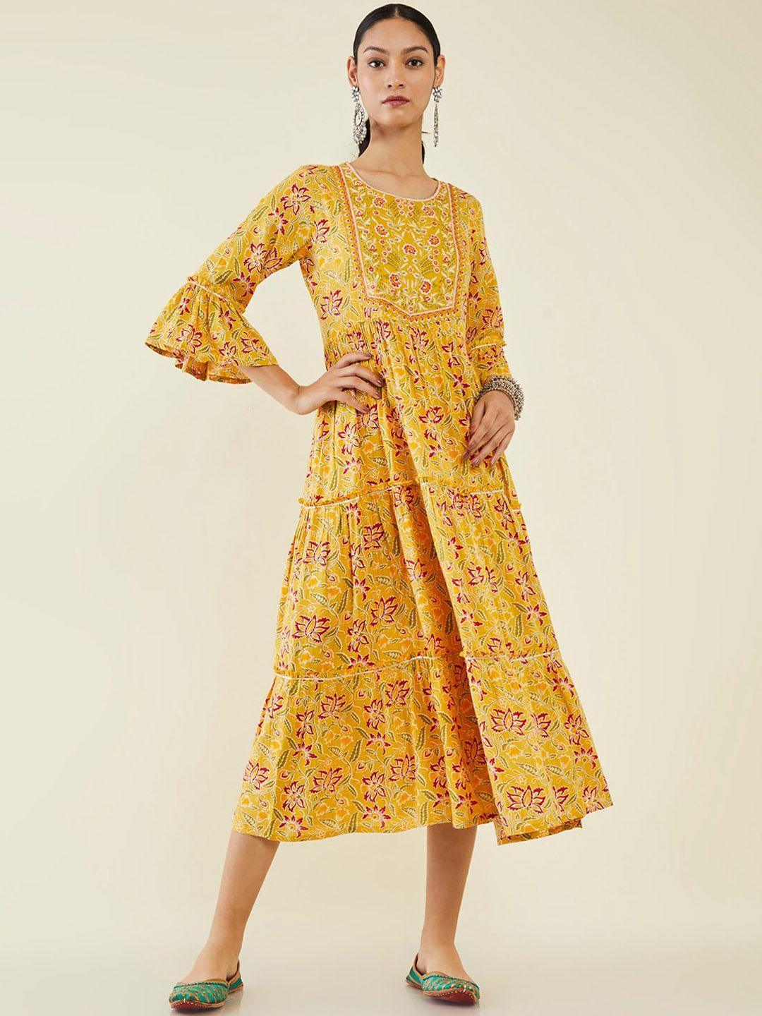 soch floral printed bell sleeves a-line midi ethnic dress