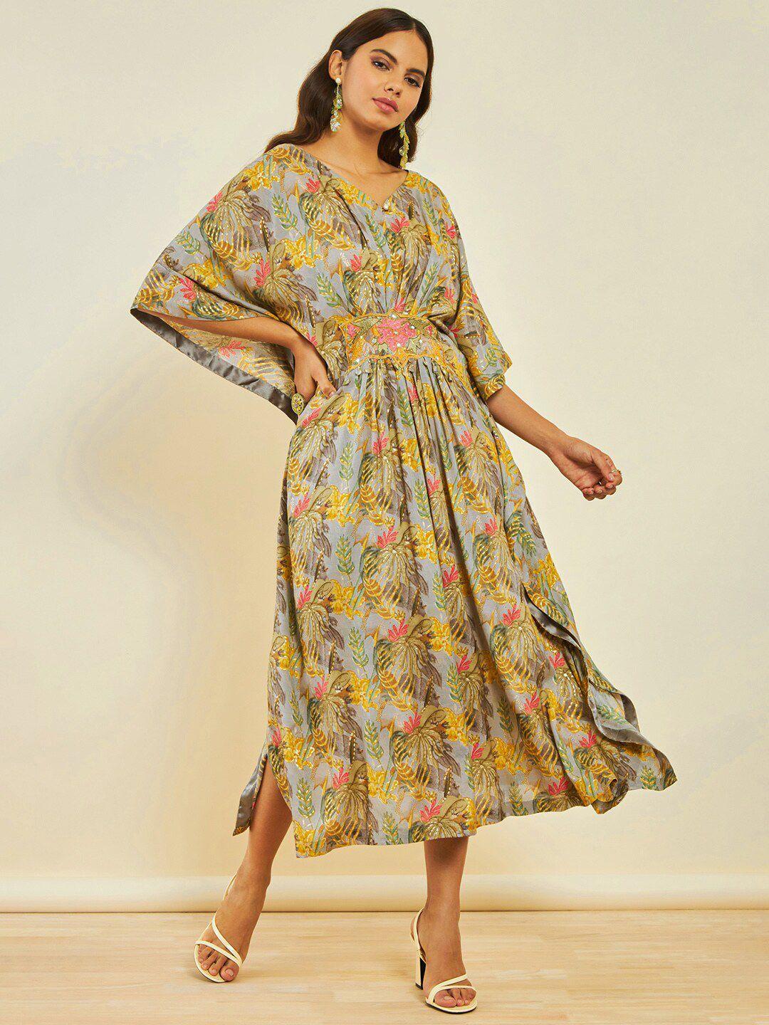 soch floral printed extended sleeves kaftan midi dress