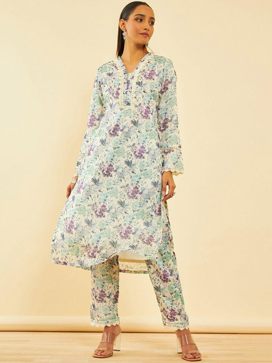 soch floral printed long sleeves straight kurta with trouser