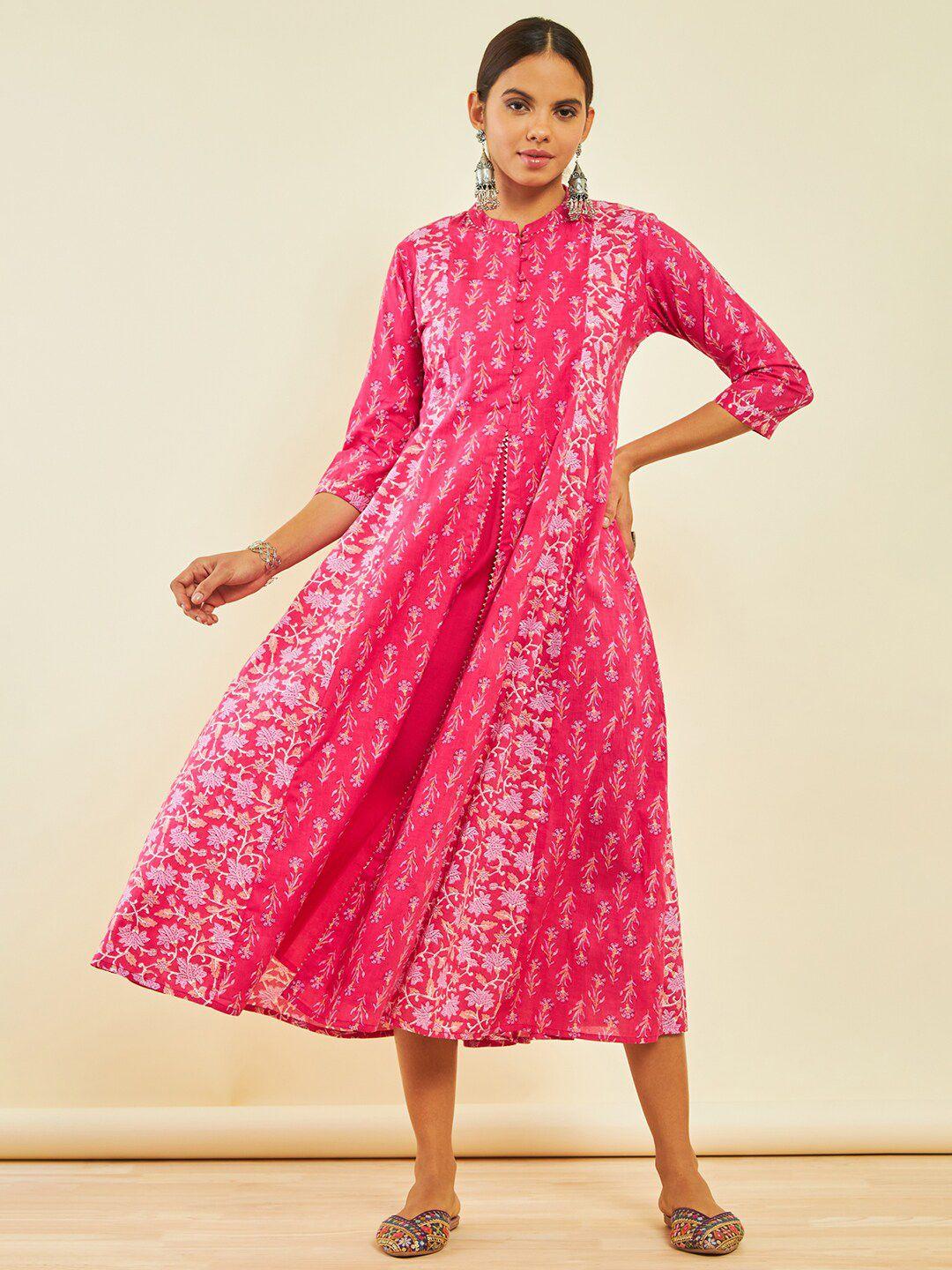 soch floral printed mandarin collar gotta patti cotton a-line ethnic dress