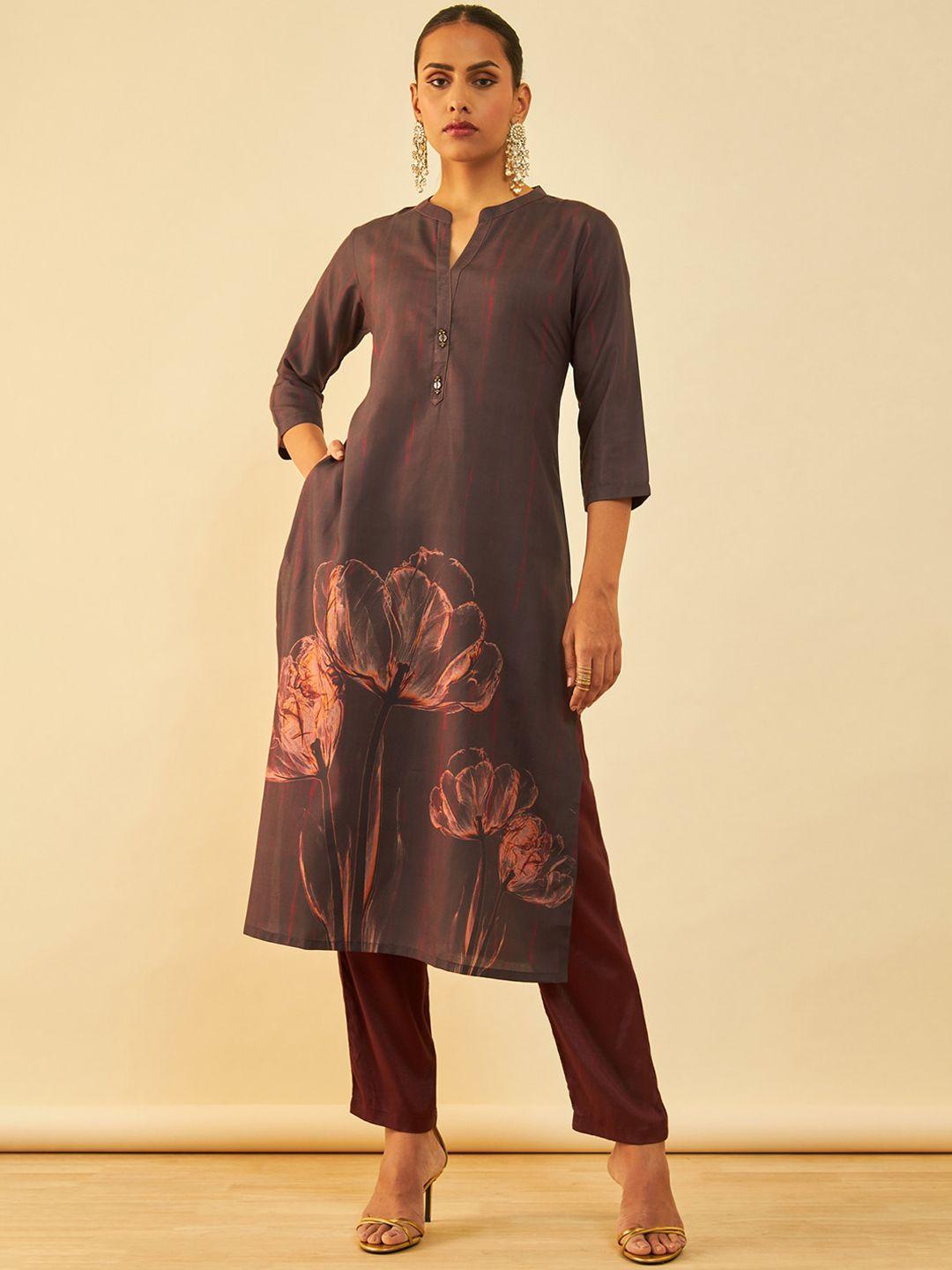 soch floral printed mandarin collar straight kurta