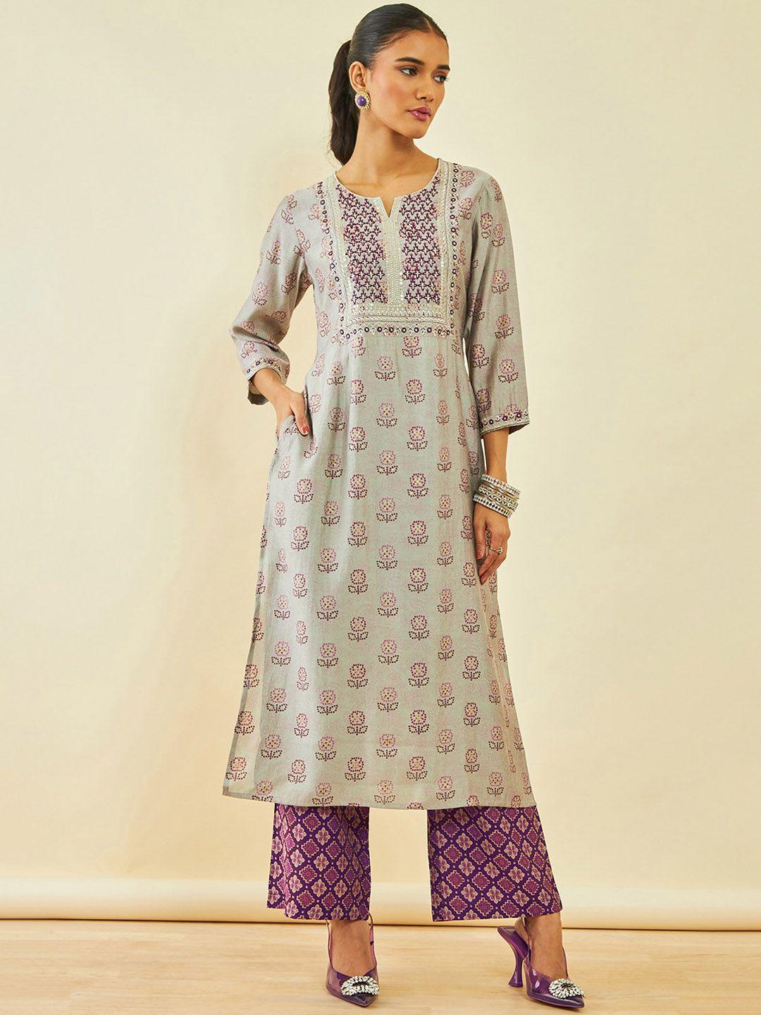soch floral printed mirror work a-line kurta with trousers