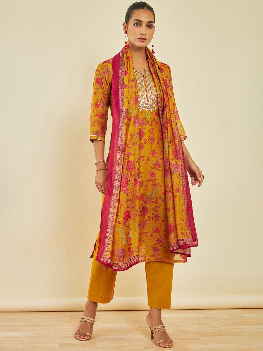 soch floral printed mirror work chanderi silk kurta with trousers & with dupatta