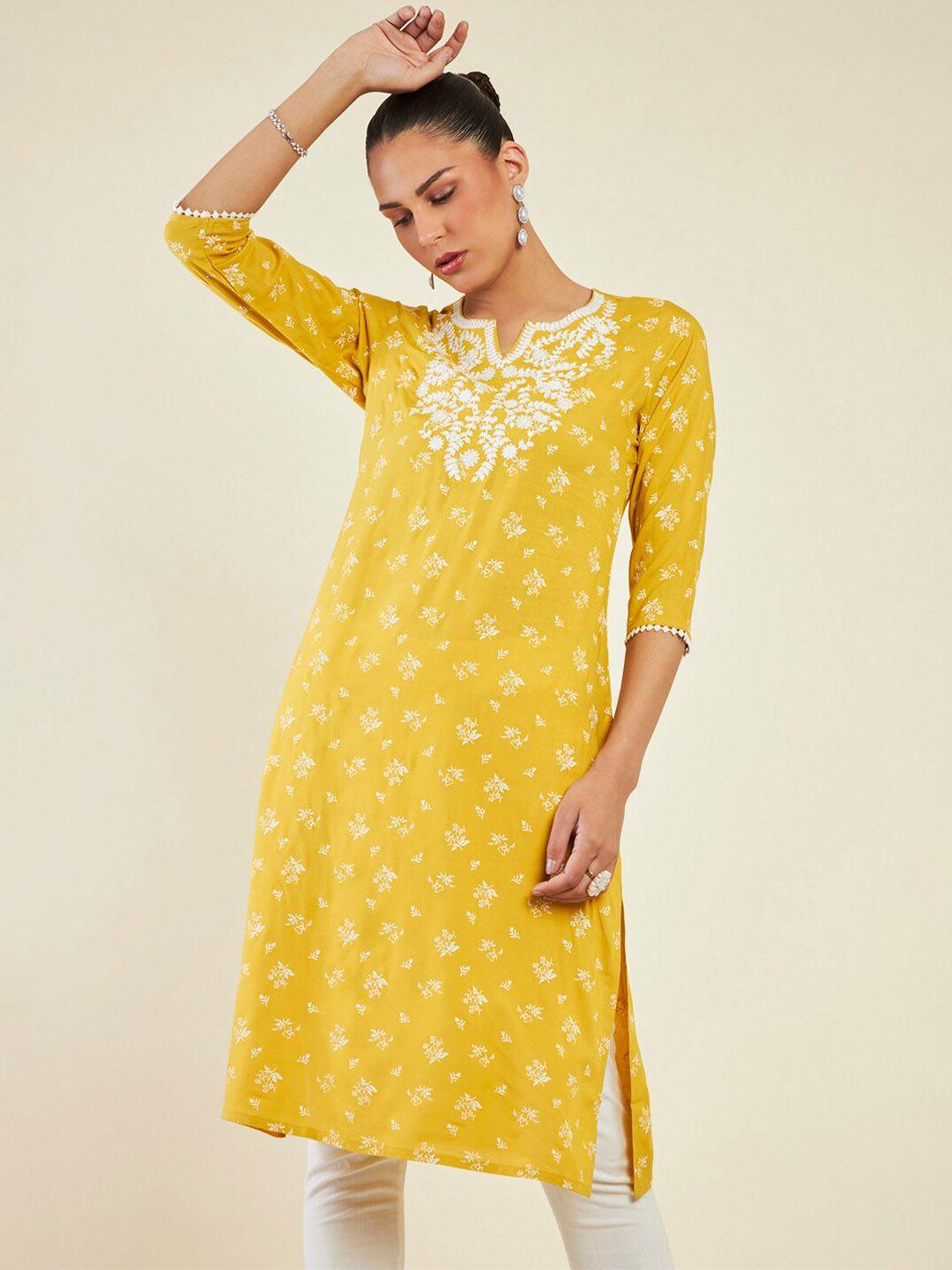 soch floral printed notch neck thread work straight kurta