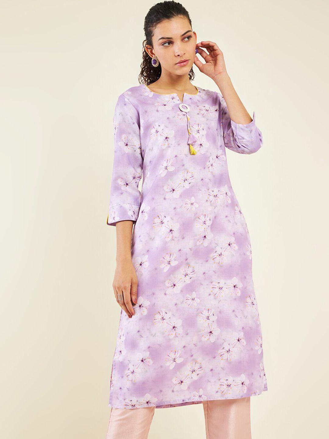 soch floral printed notched neck straight linen kurta