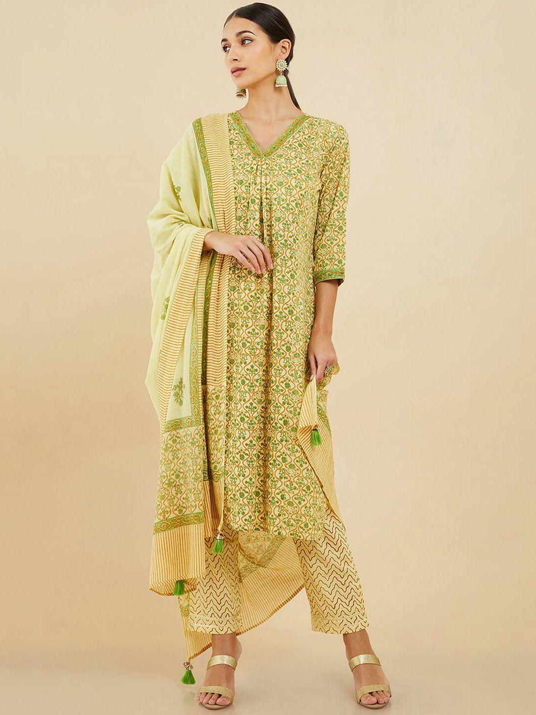 soch floral printed pure cotton kurta with trousers & dupatta