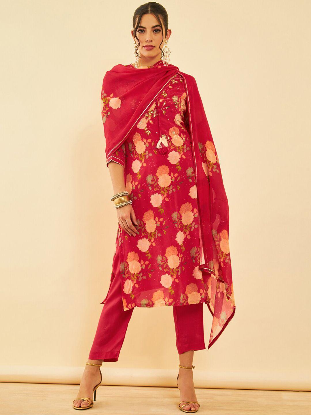 soch floral printed regular kurta with trousers & dupatta