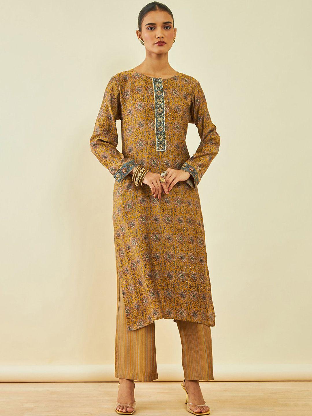 soch floral printed regular sequinned kurta with trousers