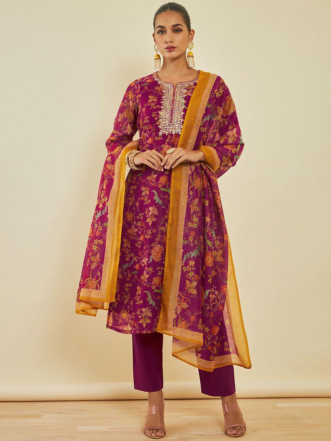 soch floral printed sequinned kurta & trousers with dupatta