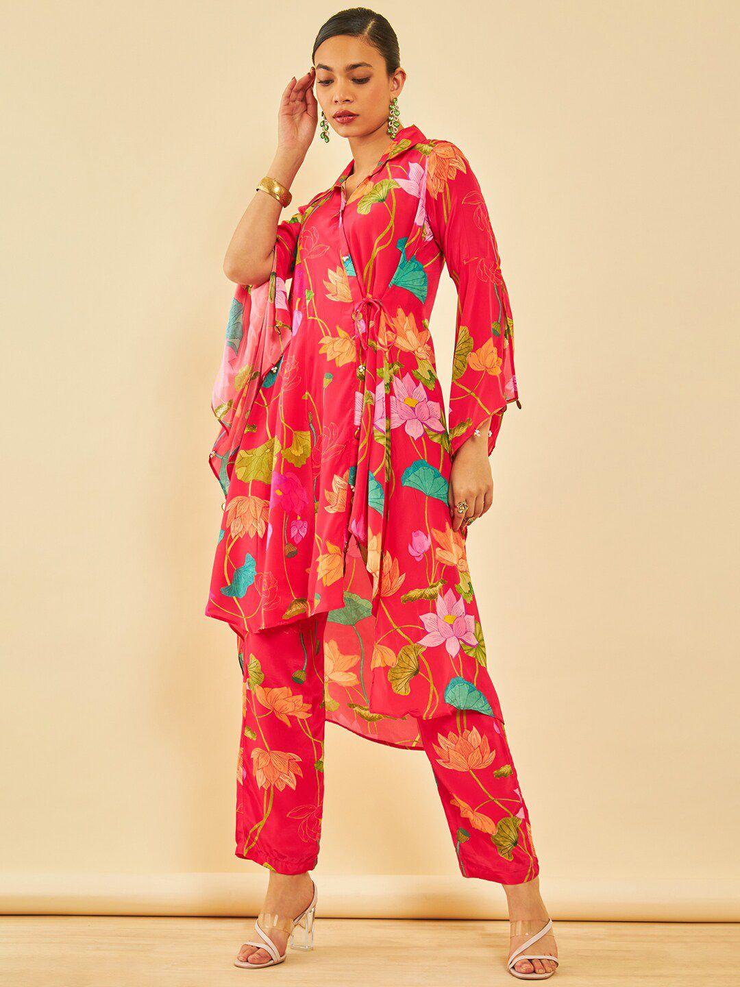 soch floral printed shirt collar long sleeves beads and stones co-ord set