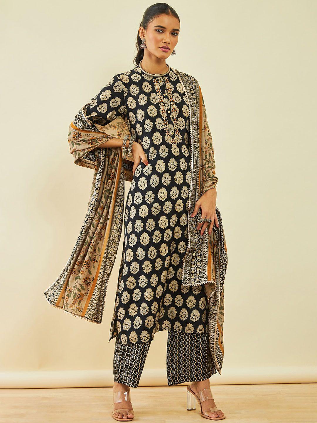 soch floral printed straight band collar kurta with trousers & dupatta