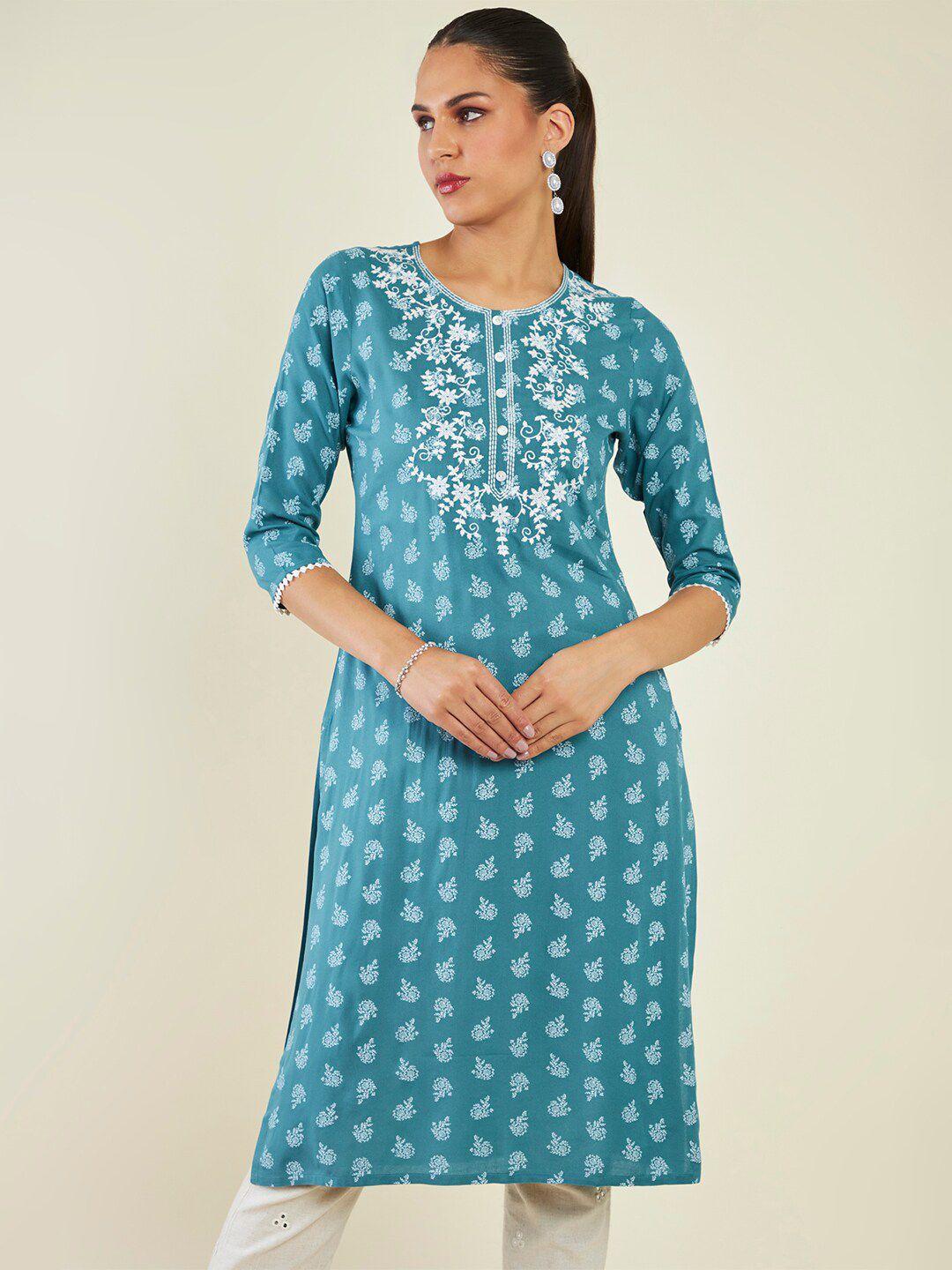 soch floral printed thread work straight kurta