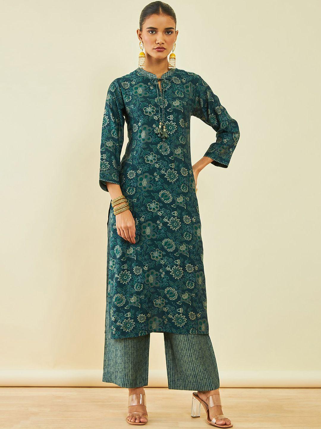 soch floral printed tie up neck regular kurta with trousers